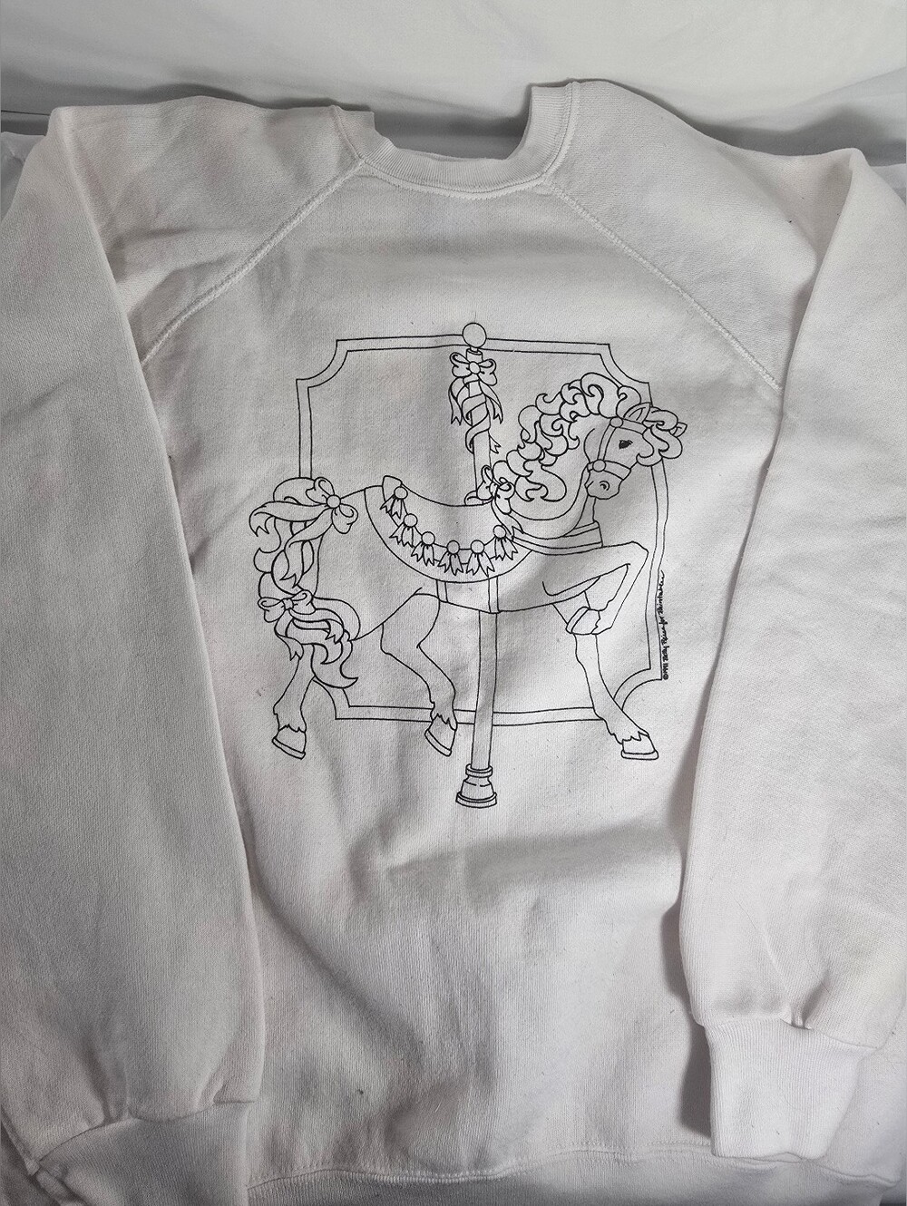 Vintage 90s Carousel Horse Sweatshirt Tultex Made In USA White Crewneck XL